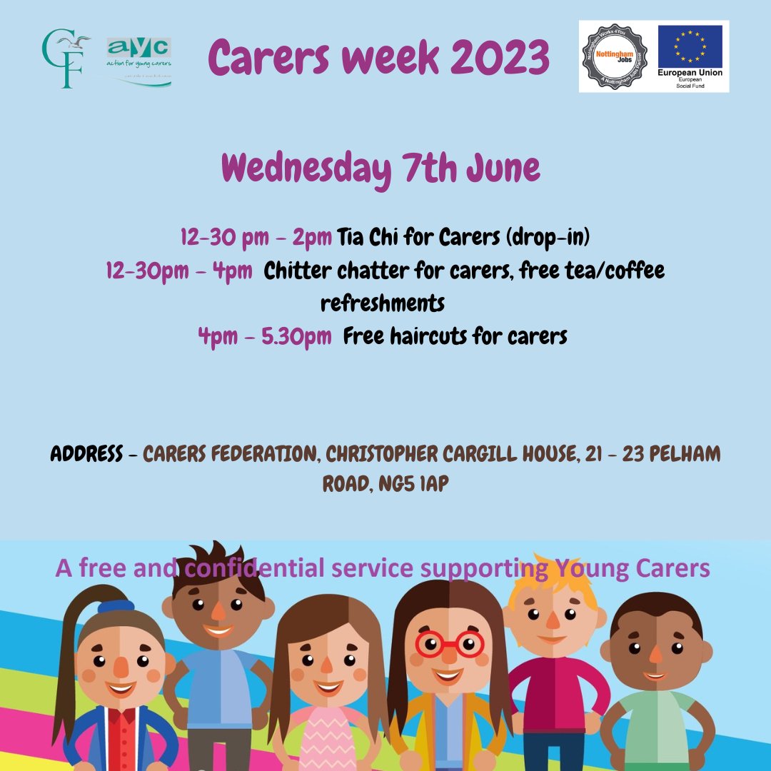 @carersfedayc (@carersfedayc) on Twitter photo CARERS WEEK
Today we invite you to drop in and see us at The Carers Federation
12.30 - 2pm Tai Chi
12.30 - 4pm Chitter chatter for Carers
4 - 5.30pm Free haircuts for Carers
(text/call us on 07814678460 or email AYCService@carersfederation.co.uk to book your free haircut slot) CARERS WEEK
Today we invite you to drop in and see us at The Carers Federation
12.30 - 2pm Tai Chi
12.30 - 4pm Chitter chatter for Carers
4 - 5.30pm Free haircuts for Carers
(text/call us on 07814678460 or email AYCService@carersfederation.co.uk to book your free haircut slot)