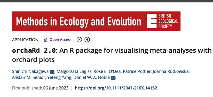 An article on our updated orchaRd package, heavily dependent on @wviechtb's #metafor, is now available: #MetaAnalysis #rstats @rstatstweet @MethodsEcolEvol

besjournals.onlinelibrary.wiley.com/doi/full/10.11…

Vignette: daniel1noble.github.io/orchaRd/

Several cool new functionalities to note - 🧵 1/10