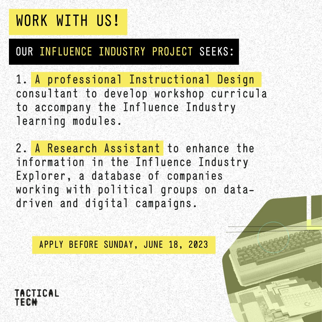 Work with us! #TheInfluenceIndustry project seeks:
1. A professional Instructional Design consultant to develop workshop curricula: influenceindustry.org/en/highlights/…
2. A Research Assistant to enhance the information in our #InfluenceIndustry Explorer: influenceindustry.org/en/highlights/…
📅June 18