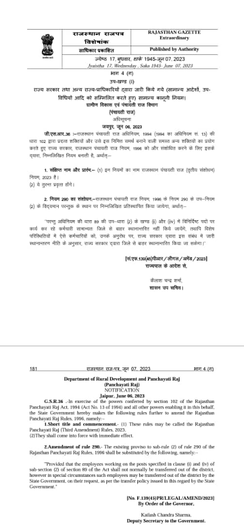 साथियो मान. मुख्यमंत्री महोदय और मान. मंत्री महोदय के विशेष स्नेह से आज हमारा संघठन एक और स्वर्णिम सफलता अर्जित करने मे सफल रहा है lअन्तर ज़िला transfer policy का notification जारी हो गया है lआप सबको हार्दिक बधाई l महावीर शर्मा, प्रदेश अध्यक्ष, 
<a href="/ashokgehlot51/">Ashok Gehlot</a>
<a href="/rameshmeena63/">Ramesh Meena</a>