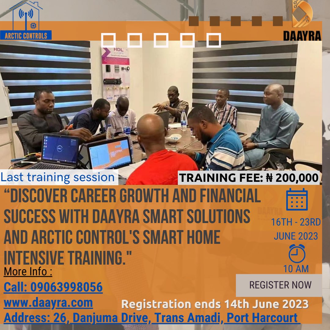 DaayraLimited's tweet photo. Discover how to advance your profession and make more money! With @daayralimited and @arcticontrols intensive practical training. Learn how to install and maintain cutting-edge smart home systems while earning over a million Naira monthly.
#DaayraSmartFamilies #smarthometraining https://t.co/9vBRJuIiKg