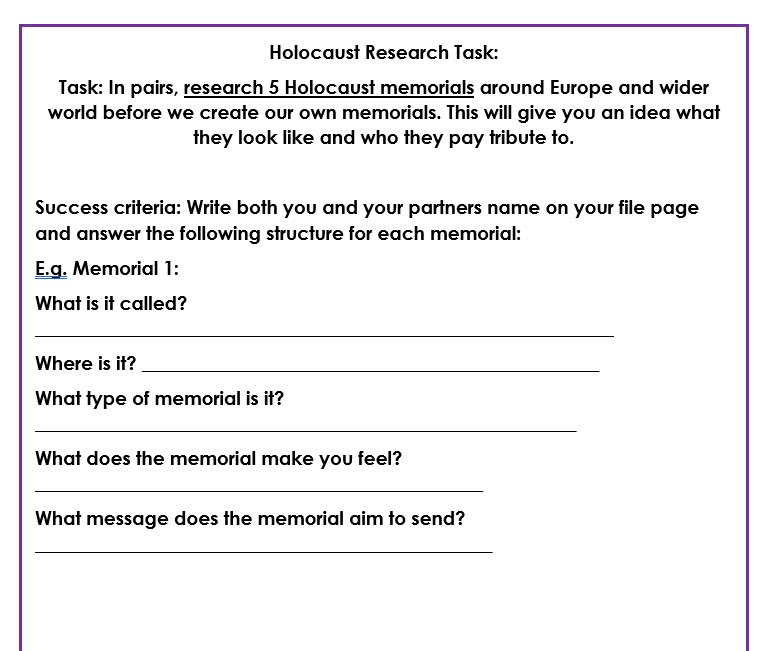 Kld8S's tweet photo. On the cool down after exams but not still wanting to learn and foster curiosity. Trialing this with my year 10s (NI) completing a research task on Holocaust memorials in pairs and have them create they’re own after. I imagine there will be plenty of variety in the room. https://t.co/a9XmjNXcwX