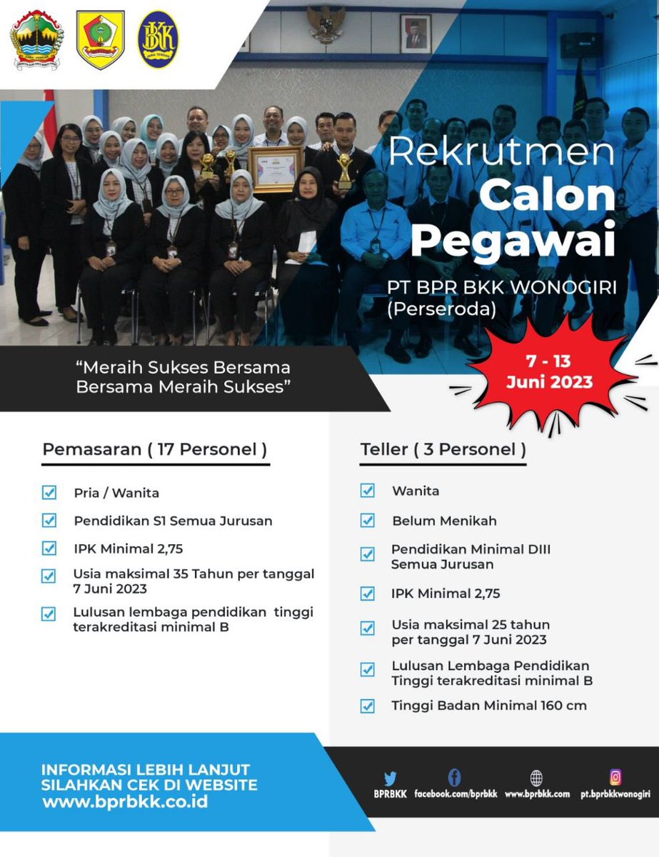 BPRBKK's tweet photo. Rekrutmen Calon Pegawai PT BPR BKK WONOGIRI (Perseroda) Tahun 2023 https://t.co/olw3yrjyBQ