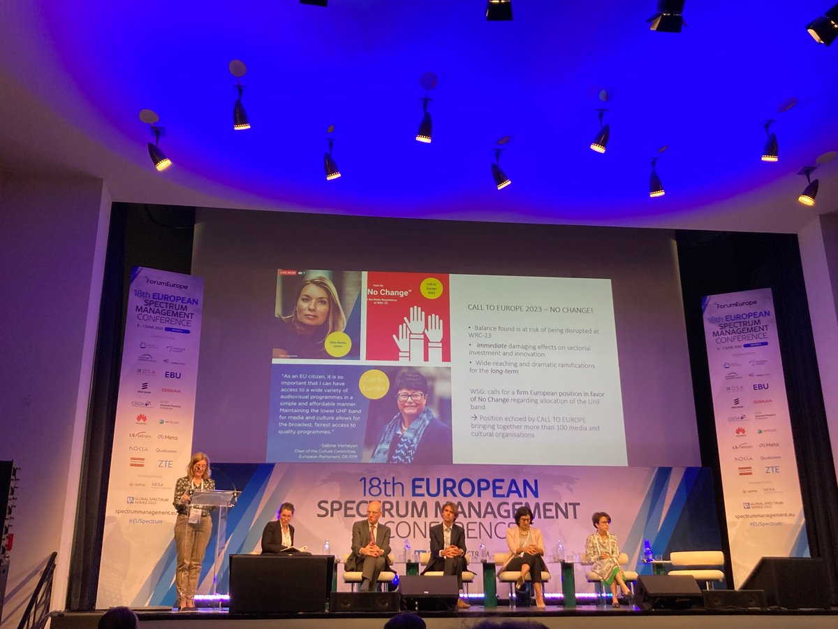 VinceInBrussels's tweet photo. At #EUSpectrum conf, @pearleurope Silke Lalvani presenting @widerspectrumg = the #creative&cultural sector and #media are calling #WRC-23 @EUCouncil to preserve the current use of the #LowerUHF band, now & beyond 2030, with a neutral wording for discussions in #WRC-31 https://t.co/ZyQWWJ36br