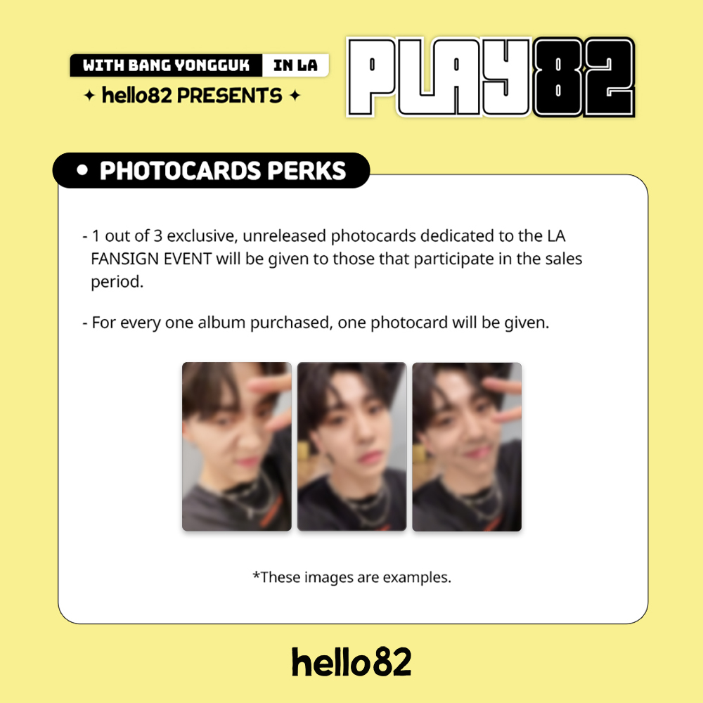 @BAP_Bangyongguk Preview of BANG YONGGYUK's exclusive, unreleased photocards 😏😳✌

🔥 PLAY82 WITH BANG YONGGUK 🔥
➡ bit.ly/3ORHGJl
📅 ~June 11, 5PM PDT
✅ Winners Announcement: June 12, 7PM PDT 

@BAP_Bangyongguk
#PLAY82_BANGYONGGUK #BANGYONGGUKxhello82 #BANGYONGGUK #방용국 #hello82