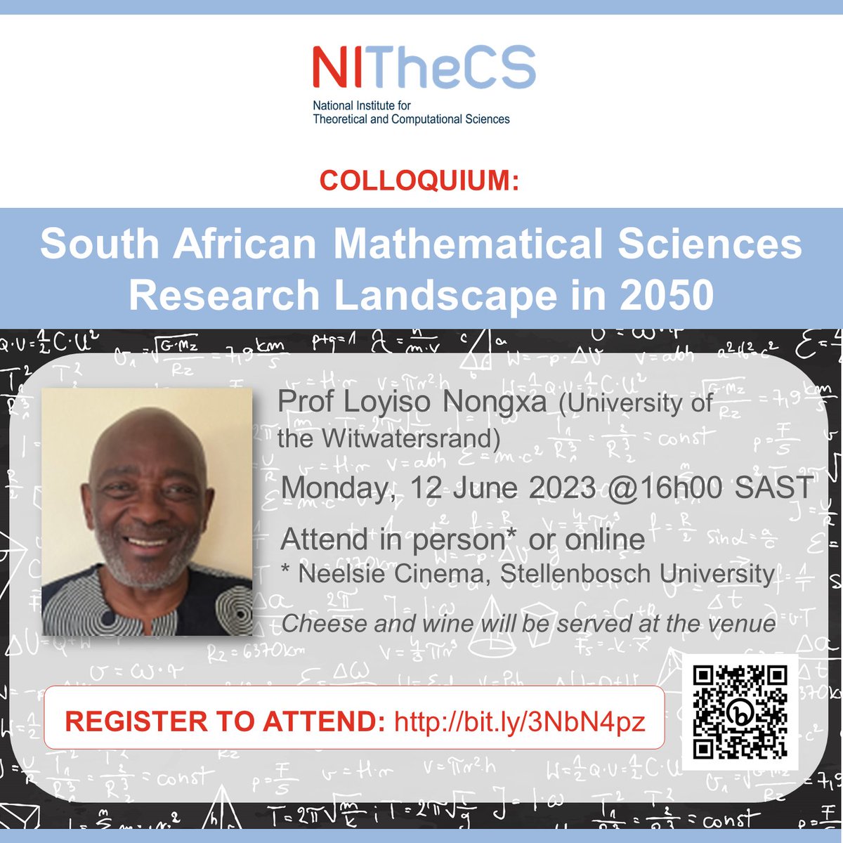 NITheCS Colloquium: 'South African Mathematical Sciences Research Landscape in 2050' by Prof Loyiso Nongxa (WITS) - Mon, 12 Jun 2023 @16h00 SAST. Attend at the Neelsie Cinema, Stellenbosch University, or online. mailchi.mp/nithecs/loyiso… #mathematics #research #2024 #nithecs