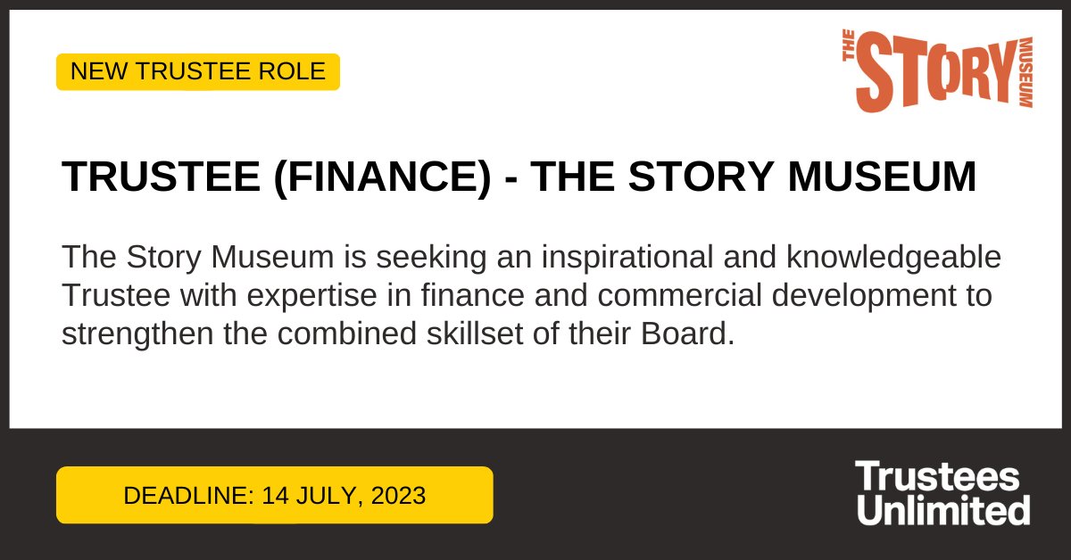 ***NEW TRUSTEE ROLE *** 

@TheStoryMuseum is seeking a Trustee with expertise in finance and commercial development. 

Deadline: 14 July

More info: ow.ly/w00350OvgVF

#Leadership #Governance #CharityTrustee #TrusteeRole #Trustee #Charity #CharityRole #CharityJob