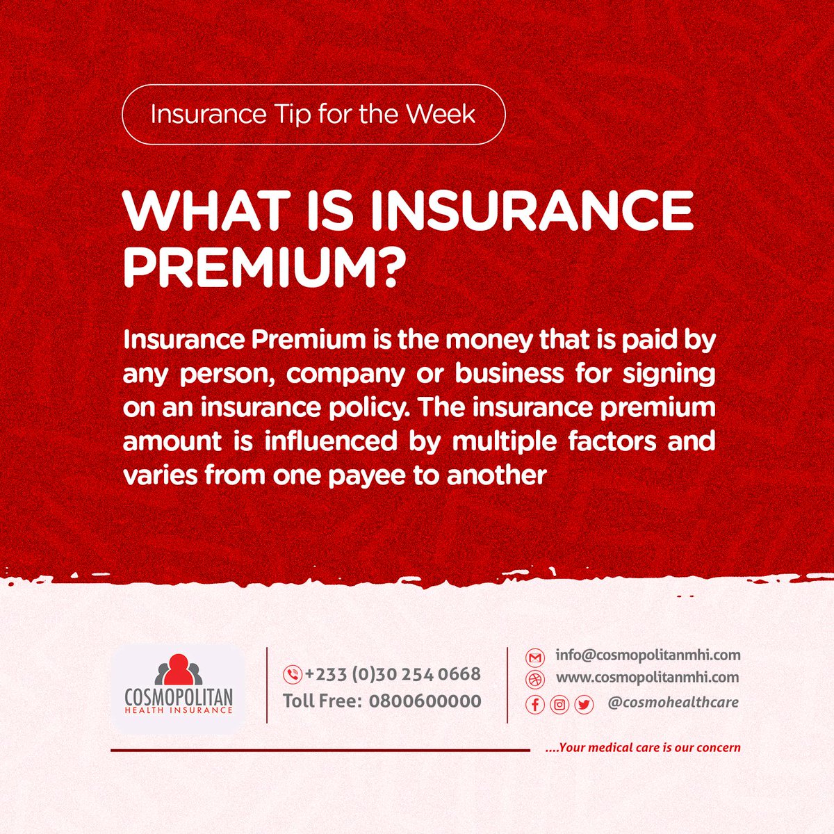 Hey friends, do you ever find yourself confused by insurance terms? Well, we're here to help! Today's term is INSURANCE PREMIUM. 
Stay healthy and protected with #cosmohealthcare! 

#insurancepremium 
#healthylife 
#tipoftheweek 
#June