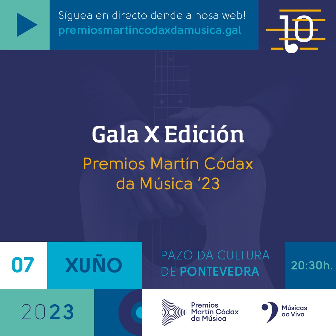 prmartincodax's tweet image. 🥳 HOXE! Chegou o día de coñecer os proxectos premiados desta X edición na #GalaDosPremios, celebrando e reivindicando a calidade e diversidade da #MúsicaGalega!
👉 Dende as 20:30 en directo dende a nosa web!
@Musicos_ao_Vivo @BodMartinCodax @Pontevedrate #Agadic @Xunta @depo_es
