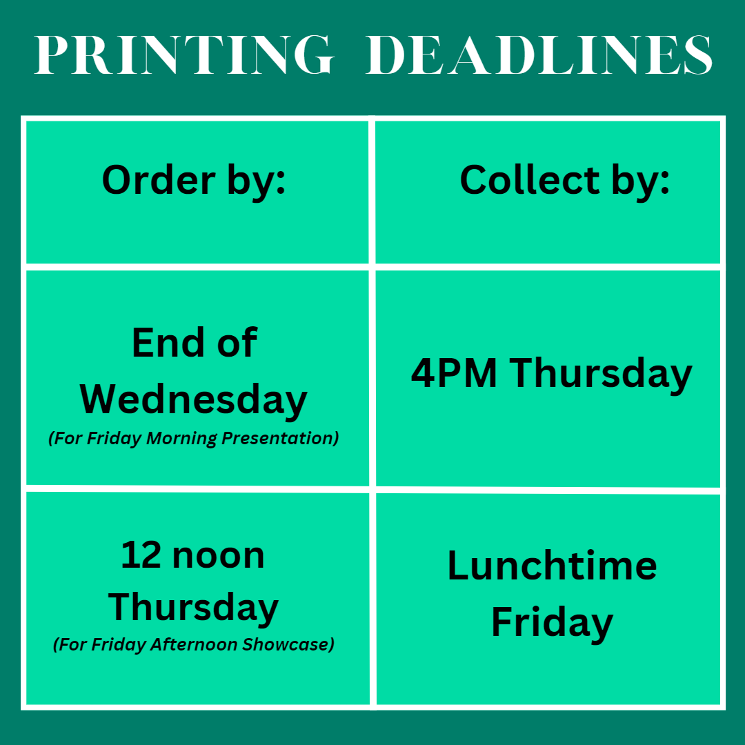Remember the printing deadlines this week! You've got the Print Room available to you, but make sure you order your printing in time! #GCExeter
