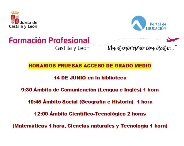 Aquí tenéis los horarios de las pruebas de acceso de grado medio que se realizarán en nuestro centro. 

En la web del centro tenéis un enlace a toda la información oficial sobre la prueba.
…marquesdelozoya.centros.educa.jcyl.es/sitio/
¡Suerte!