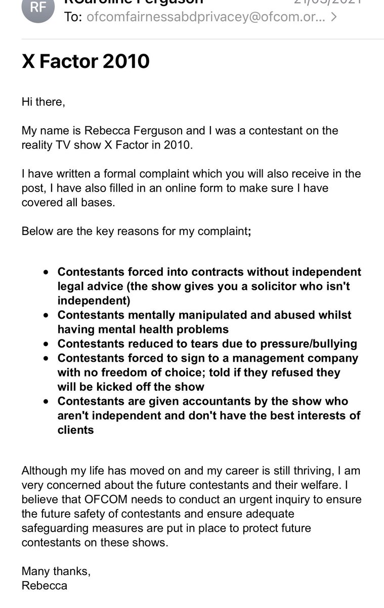 RebeccaFMusic's tweet image. Email to ofcom 21/03/2021 

I was refused by ITV and OFCOM, no investigation was taken place and my concerns appeared to be fobbed off. 

I am open to communication should they now wish to follow up with my private complaint now that I have made my complaint public.