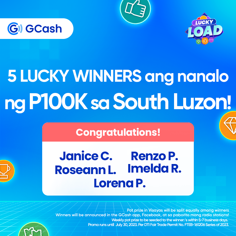 gcashofficial's tweet photo. 12 LUCKY WINNERS ang nanalo from North Luzon, NCR, Laguna, South Luzon, at Visayas this week!   Keep buying at least P50 of any load product via GCash to get a ticket to play Lucky Load.   Baka ikaw na ang next LUCKY winner ng region mo! Load to play &amp; win with Lucky Load! https://t.co/K1IpEObahM