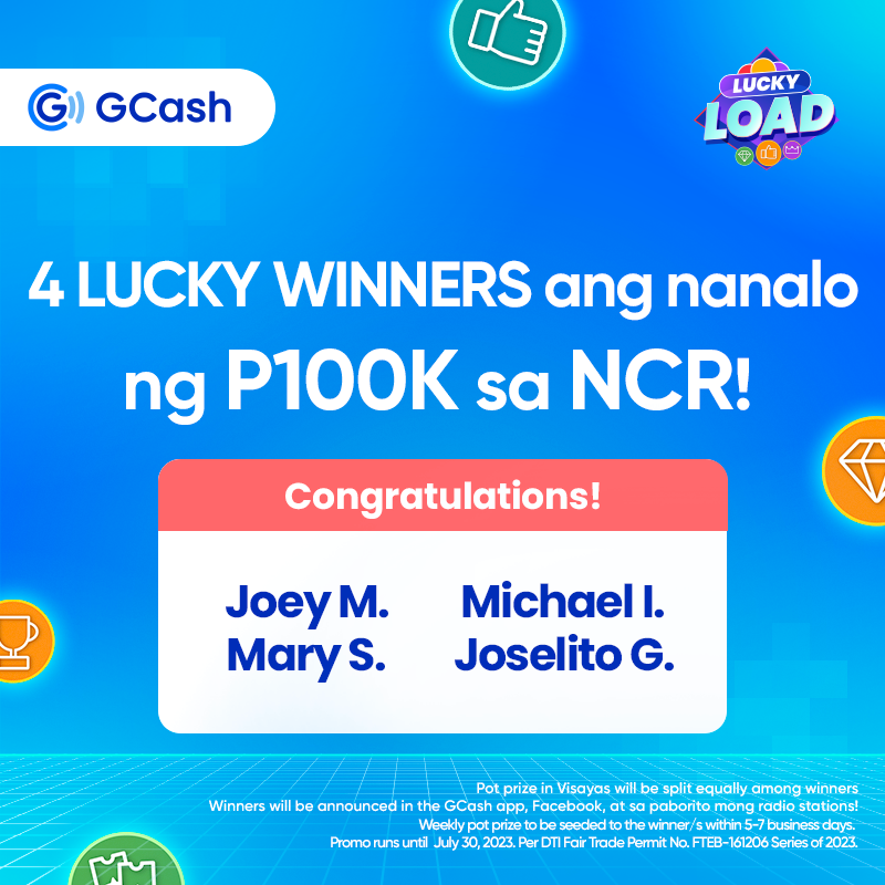 gcashofficial's tweet photo. 12 LUCKY WINNERS ang nanalo from North Luzon, NCR, Laguna, South Luzon, at Visayas this week!   Keep buying at least P50 of any load product via GCash to get a ticket to play Lucky Load.   Baka ikaw na ang next LUCKY winner ng region mo! Load to play &amp; win with Lucky Load! https://t.co/K1IpEObahM