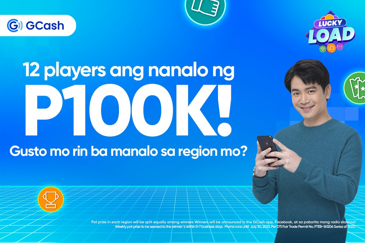 gcashofficial's tweet photo. 12 LUCKY WINNERS ang nanalo from North Luzon, NCR, Laguna, South Luzon, at Visayas this week!   Keep buying at least P50 of any load product via GCash to get a ticket to play Lucky Load.   Baka ikaw na ang next LUCKY winner ng region mo! Load to play &amp; win with Lucky Load! https://t.co/K1IpEObahM