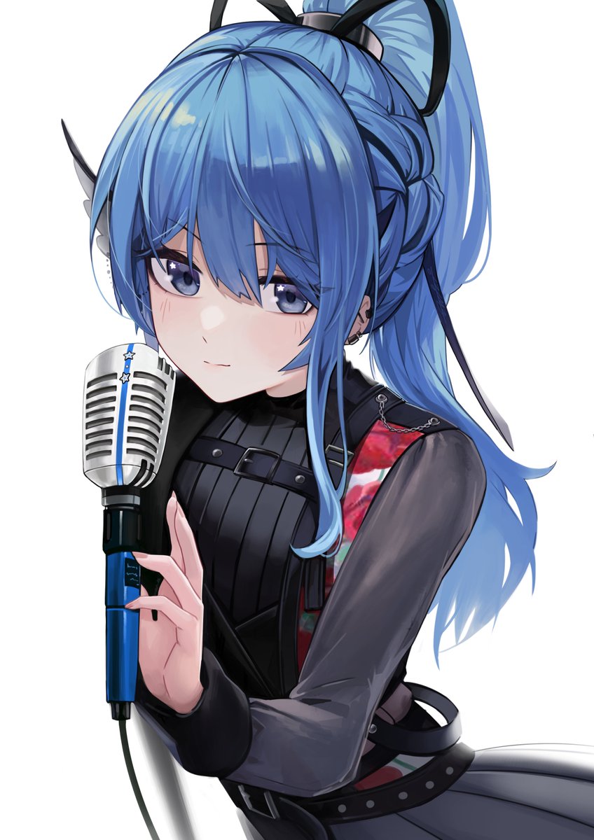 1girl blue hair solo microphone blue eyes ponytail long hair  illustration images