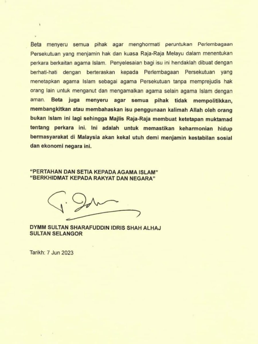 Isu kalimah Allah: Kenyataan DYMM Sultan Selangor harakahdaily.net/index.php/2023… #HarakahDaily #MalaysiaSejahtera #PNBEST