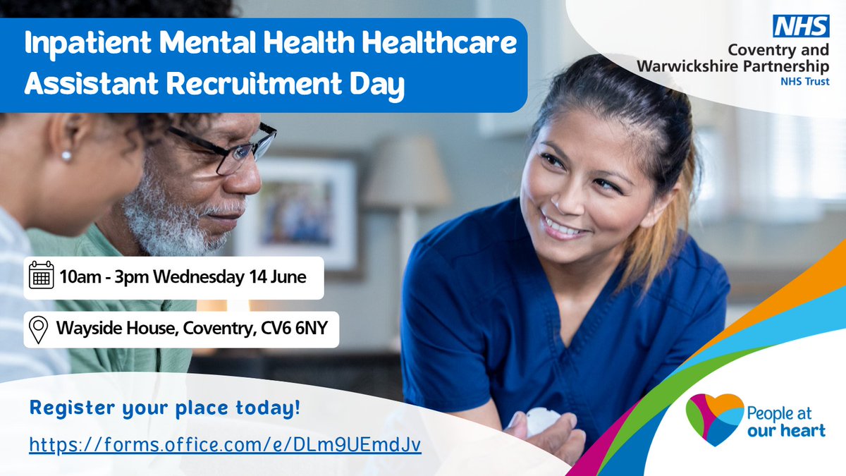 CWPT_NHS's tweet image. Are you looking for a new challenge? Are you enthusiastic about making a difference? Come to our recruitment day for health care assistants (#HCAs) within our inpatient #MentalHealth teams.

Join us on Wednesday 14 June. Register now: forms.office.com/e/DLm9UEmdJv