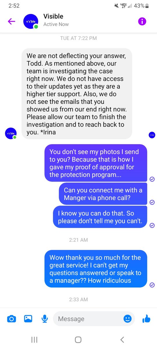 ToddLarry04's tweet photo. @visiblecare wow I am so very disappointed and disgusted in the level of service and the deceiful information I have been given by visible support and specialists. I've been told one thing and then someone tells me something different. FTC complaint next. https://t.co/EsK8YreicX