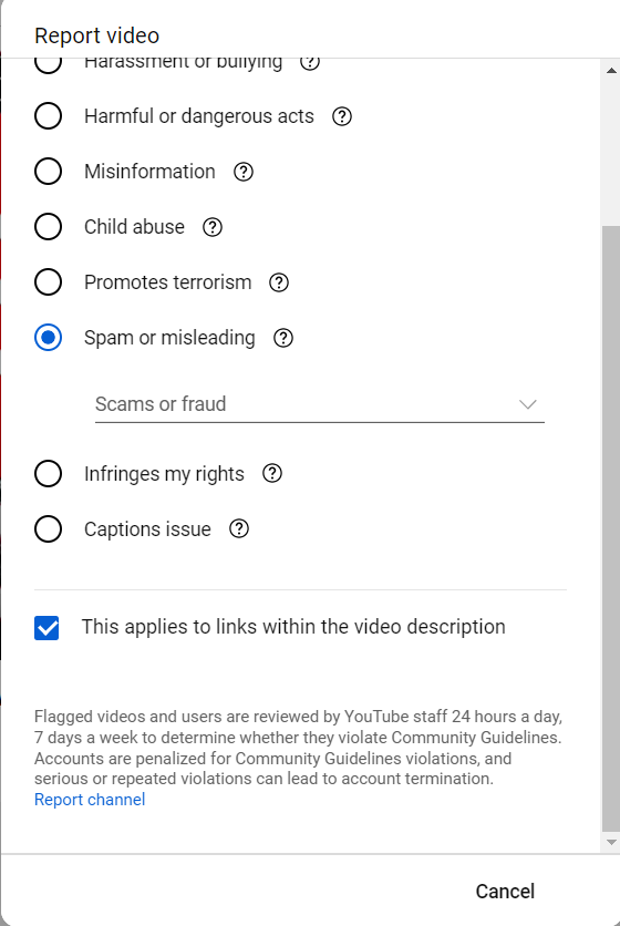 Deniss_pm's tweet photo. Hey @YouTube why the report button does not work anymore? I don`t have a way to report a video, just Cancel. Help? https://t.co/S1Wbovcjf0
