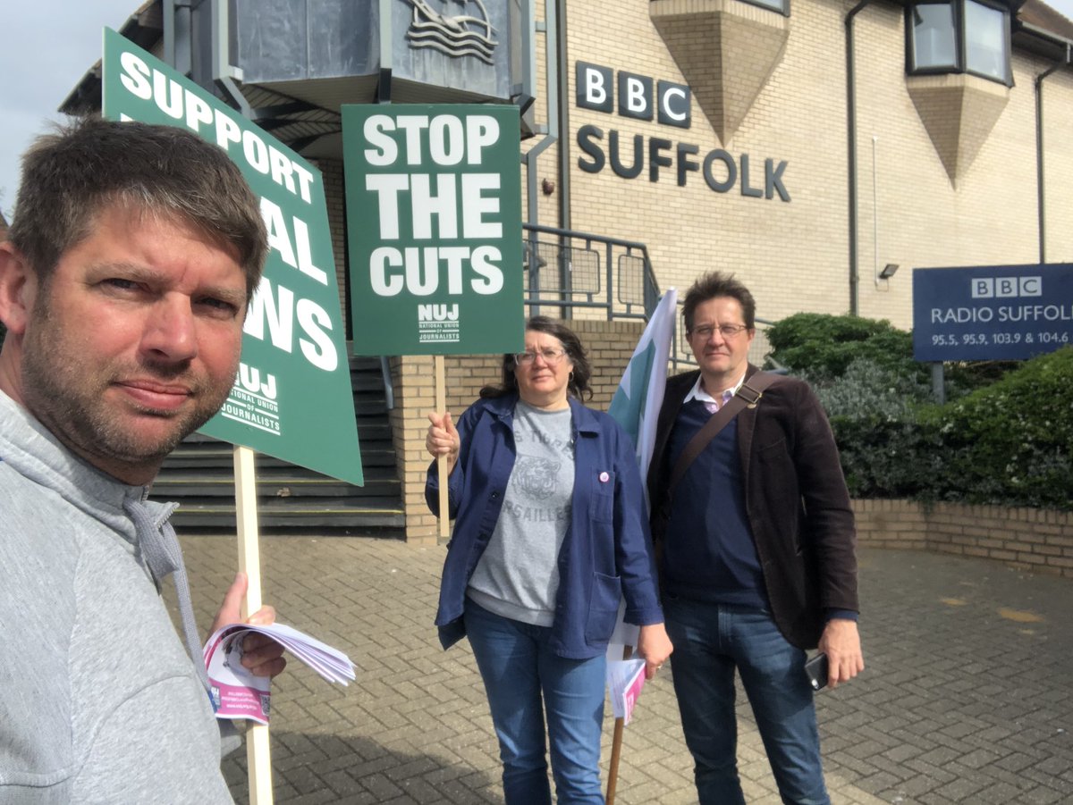 JournoJon's tweet photo. Our @NUJofficial @NUJBBCRegions picket in #Ipswich @BBCSuffolk - 
supporting #KeepBBLocalRadioLocal https://t.co/zScF34Nu3L