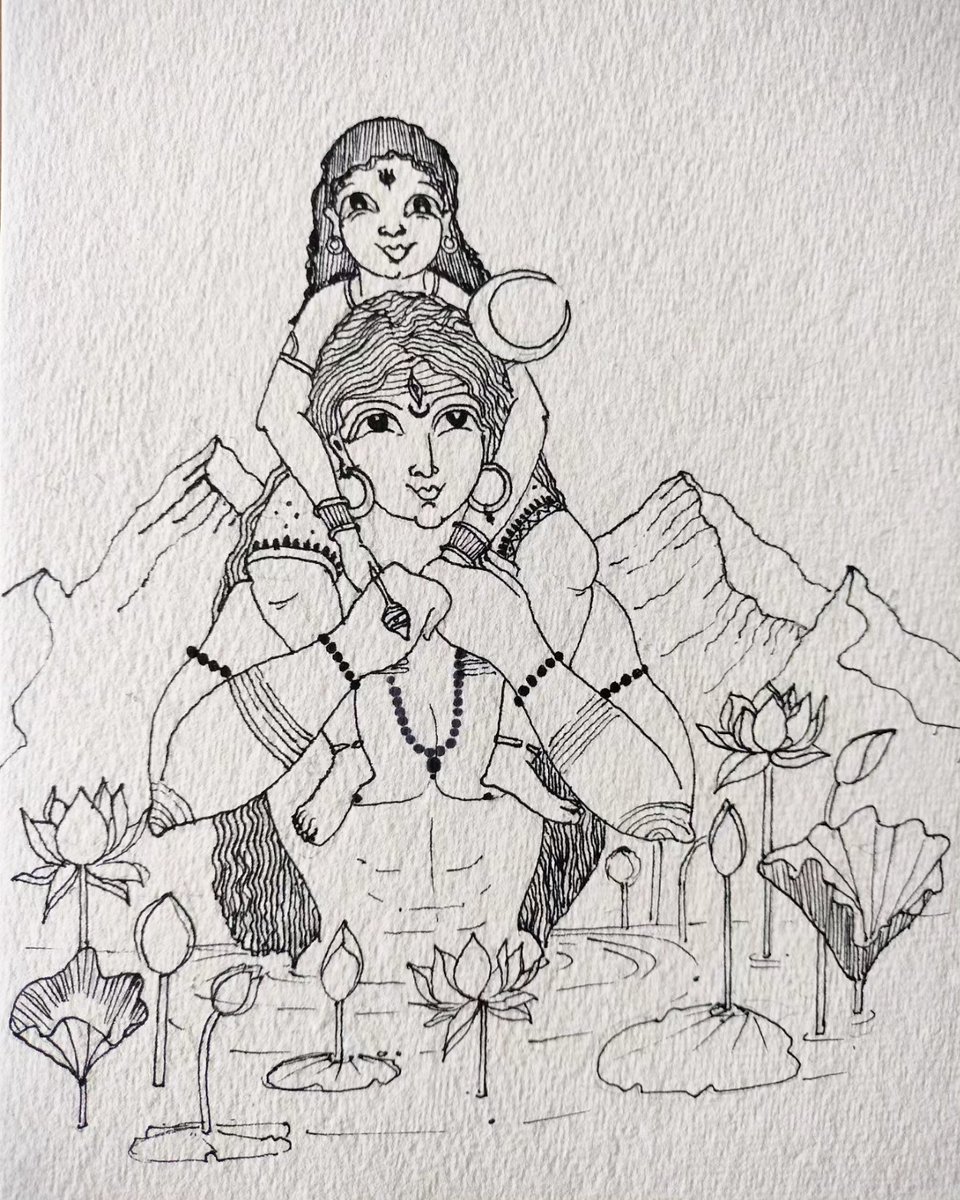 Made a quick sketch of Shiva and Muruga. Like every parent-child relationship, there are some moments that become particularly memorable. Imagined this one to be one such: when the young Muruga is taken across the cold mountain waters by his father, both experience untold joy.