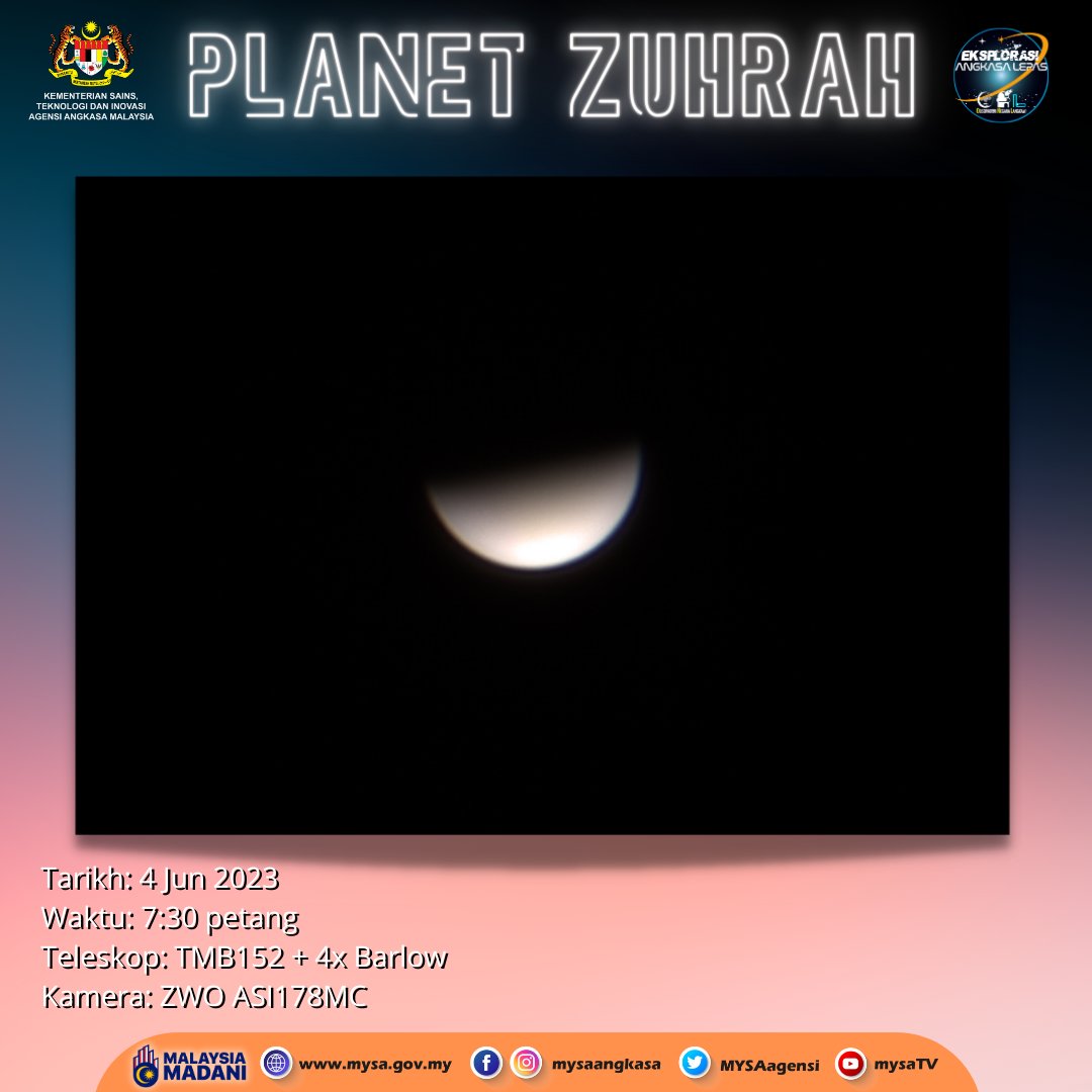 Planet Zuhrah pada kedudukan elongasi paling timur iaitu pada 45.4 darjah, telah dicerap dari Observatori Negara Langkawi pada 4 Jun 2023 jam 7:30pm.

.
#MYSA #MOSTI #ONL
#merakyatkansains #menginsankanteknologi