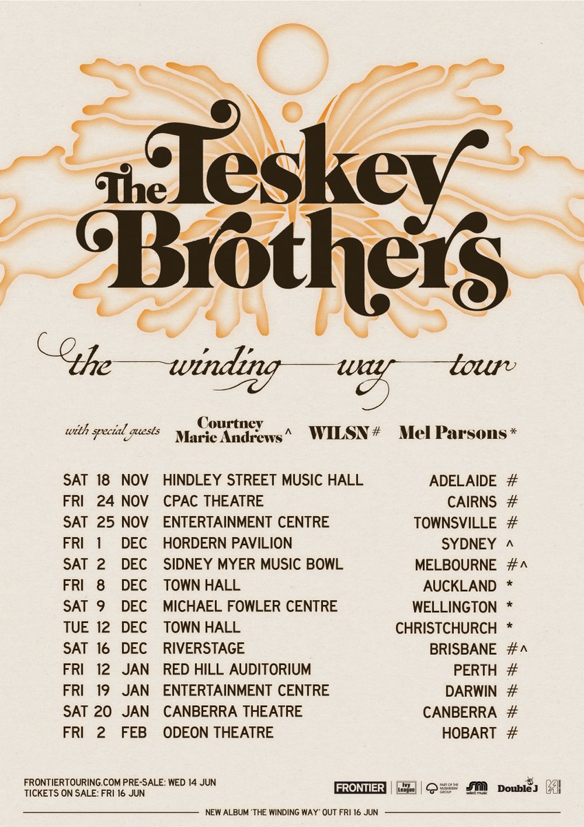 HiFiWay (@hifiwaypopchron) on Twitter photo .<a href="/teskeybrothers/">theteskeybrothers</a> The Teskey Brothers have announced "The Winding Way" headline tour along with some awesome supports in <a href="/courtneymamusic/">Courtney Marie Andrews</a> <a href="/wilsnmusic/">WILSN</a> and @melparsonsw (NZ). Tickets and pre-sale from <a href="/frontiertouring/">Frontier Touring</a> ... hifiway.live/2023/06/07/the… .<a href="/teskeybrothers/">theteskeybrothers</a> The Teskey Brothers have announced "The Winding Way" headline tour along with some awesome supports in <a href="/courtneymamusic/">Courtney Marie Andrews</a> <a href="/wilsnmusic/">WILSN</a> and @melparsonsw (NZ). Tickets and pre-sale from <a href="/frontiertouring/">Frontier Touring</a> ... hifiway.live/2023/06/07/the…