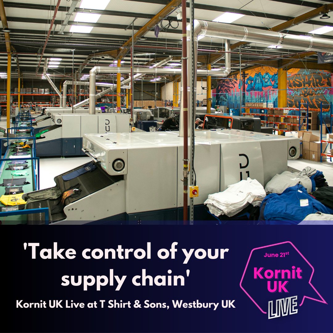 tshirtandsons's tweet photo. We have an exciting event at our Westbury, UK, Printing facility! 🎉
Join us on the 21st of June to 'Take control of your supply chain' with Kornit Live. Secure your seat today: https://t.co/S4GfEIExRT
 
#PrintOnDemand #SupplyChain #LiveEvent #OnDemand #DirectToGarment https://t.co/P6M2x9jwin
