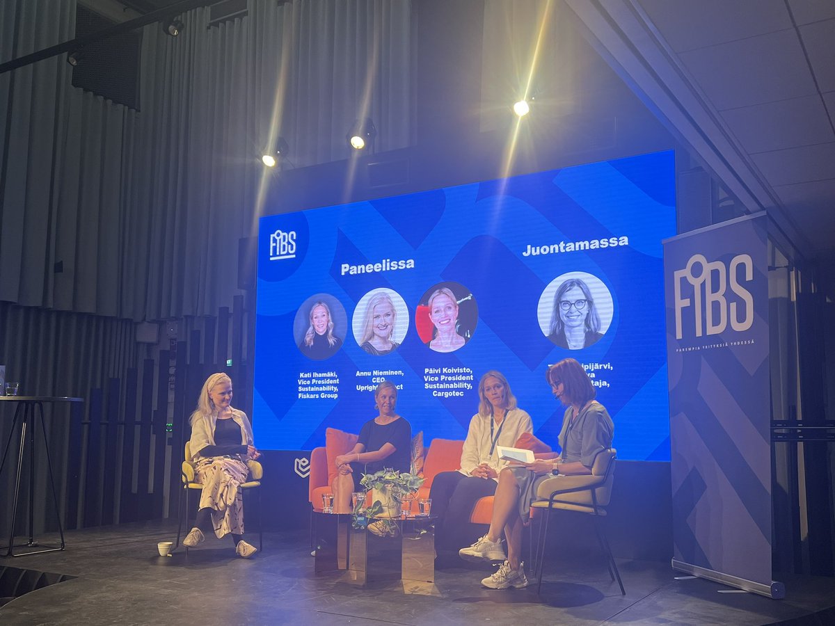 Measuring impact in 2023 is not easy, agree the panelists at @FIBSry event. Upright’s @annunieminen discussing net impact with: @Katiihamaki, VP Sustainability @FiskarsGroup @p_koivisto, VP Sustainability @Cargotec Moderated by @TerhiKoipijarvi, Senior Advisor, @Miltton.