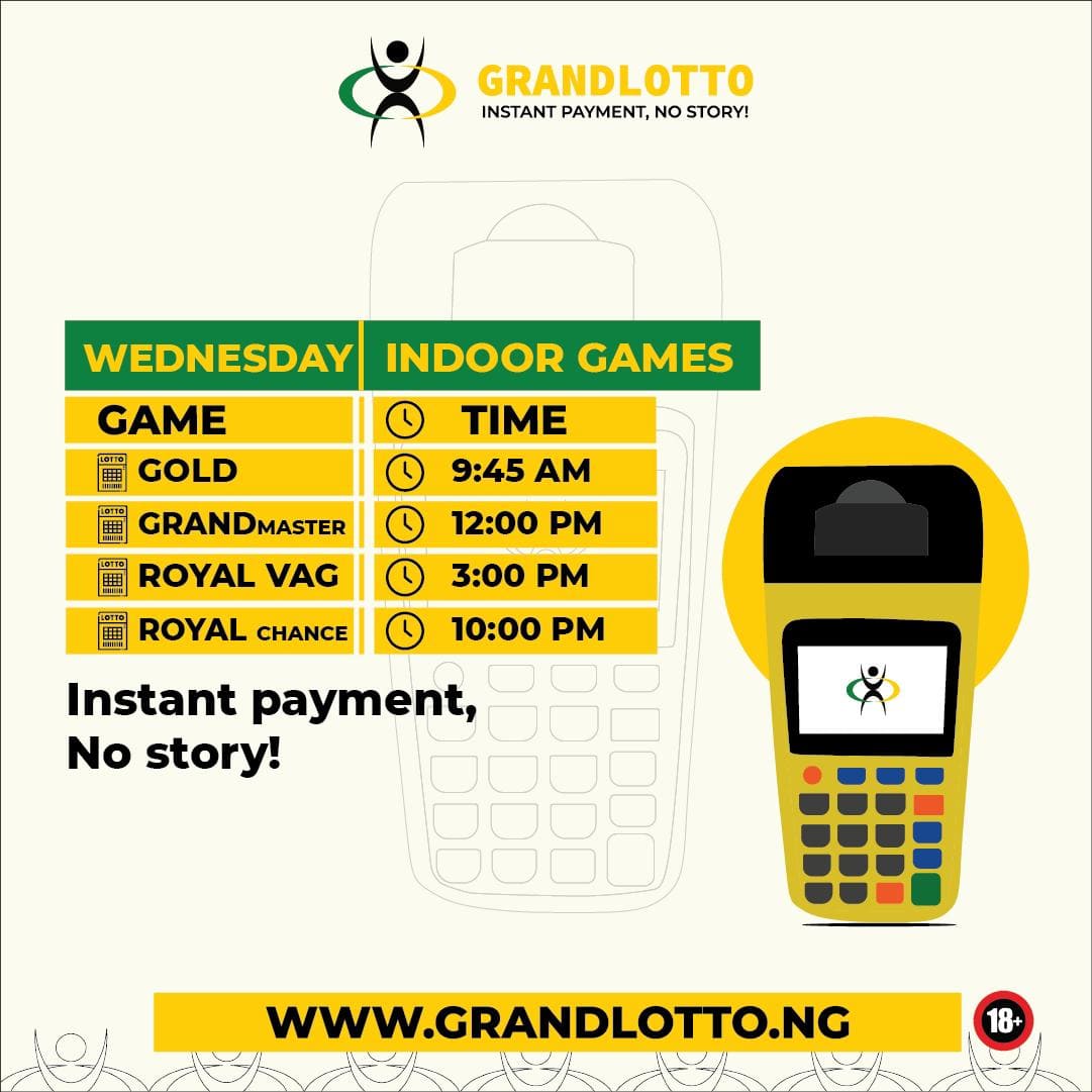 Today's games schedule.

#Instantpayment #nostory #Grandlotto #lotto #Lottonigeria #indoorgames #playandwin #playanywhere #winningsanywhere #cashout #chooseyellowterminal