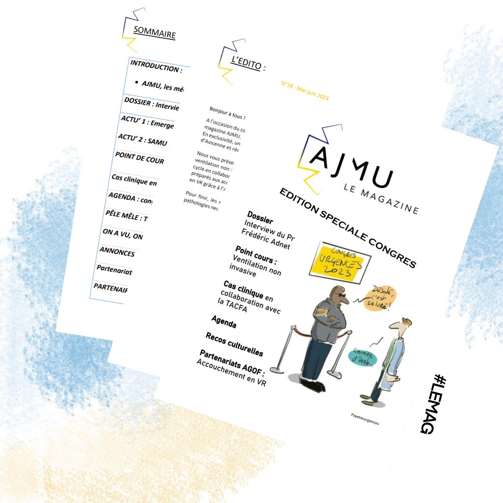 [#LEMAG] Spécial congrès Urgences 2023 ! 🎉 📰

🎤 Interview du Pr Adnet
🚨 Actualités
🫁 Point cours VNI
🎓 Mini cas clinique par <a href="/TACFA3/">TACFA</a> 
🗓️ Agenda
🚼 Formation sur l’accouchement @AGOF

👉ajmu.fr/ajmu-le-magazi… ou par mails 📩

#Actualité #Urgentiste #congrès #DESMU #urgence