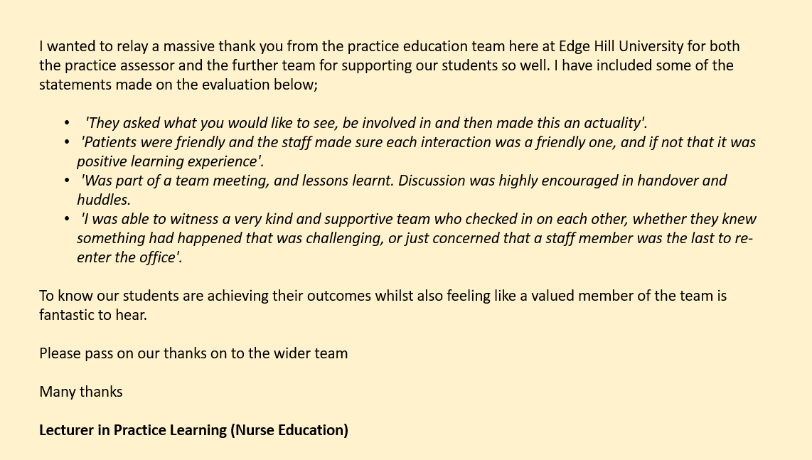 Jillywallis1914's tweet photo. @WeAreBCHFT we really value feedback from all our partners. Here is a snapshot of the fantastic feedback we get from our local HEIs and their brilliant students . Well done to all our staff for supporting students in practice #TeamBridgewater #PEFs #Students #Thanks #NHS https://t.co/wBL3ALrg3V