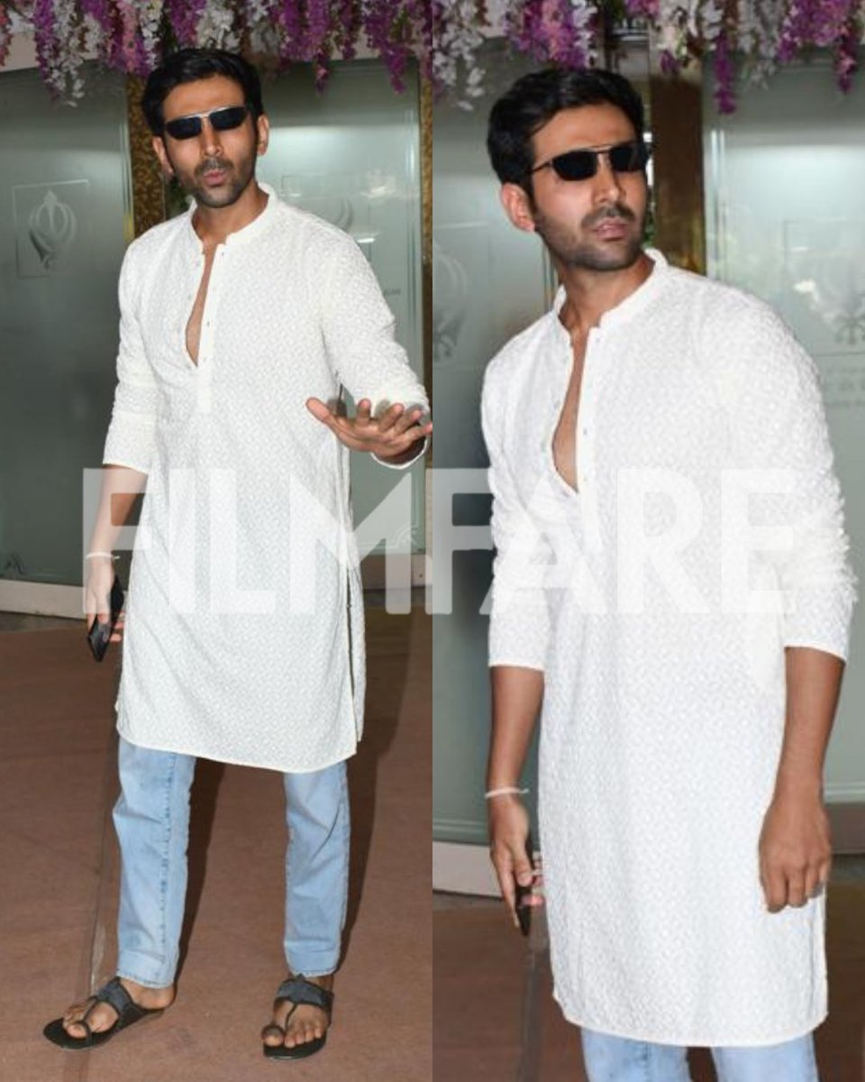 filmfare's tweet photo. The handsome #KartikAaryan gets clicked attending #SonalliSeygall's wedding.🤍✨ https://t.co/cphTEtyoXz