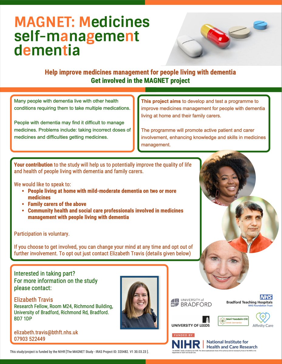 New study to help people with dementia with medicines.

We would like to speak to people living with dementia, their carers, and health &amp; social care professionals to understand how medicines are organised at home.
Leeds, Bradford &amp; Airedale regions only.

Please retweet.