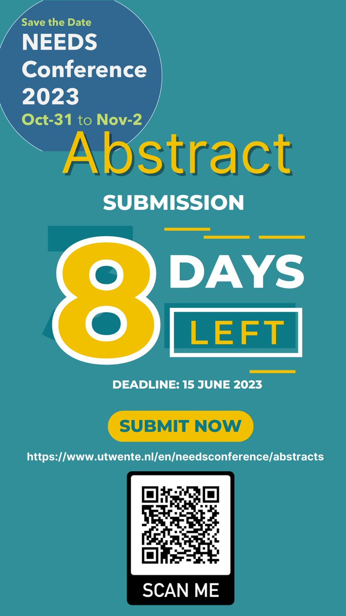 📣 Attention researchers &amp; professionals! The countdown is on! Only 8 days left to submit your abstracts for the NEEDS Conference.

🗓️ Deadline: June 15, 2023

Submit here 👉 utwente.nl/en/needsconfer…

Let's shape the future of emergency &amp; disaster research together! #NEEDS2023