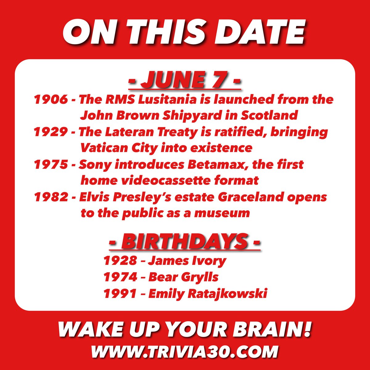 Your OTD for 6/7... Join us for trivia at Dick's Wings or Tidewater Grill, and have a great Wednesday! #trivia30 #wakeupyourbrain #OnThisDay #Lusitania #Scotland #Vatican #SONY #Betamax #Elvis #ElvisPresley #Graceland #MEMPHIS #JamesIvory #BearGrylls #EmilyRatajkowski #emrata