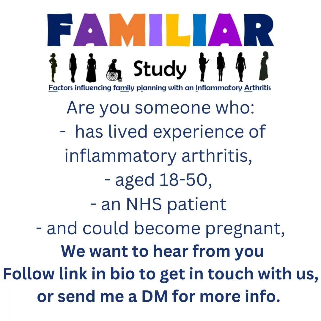 Recruiting participants for this #WomensHealth #InflammatoryArthritis #FamilyPlanning #HealthResearch study. Please retweet to share this invitation😊
@UzoIwobi @meganniathomas @FlissWaters @petegee87 @FTWW_Wales @NHSuk @UHDBTrust @NmskNbt @livylloyd @FWmaternity