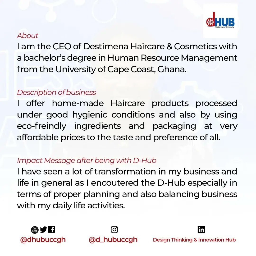 Meet Philomena Vica, one of the entrepreneurs who emerged 2nd runner up for the Hollard Streetwise Finance Entrepreneurship Business Challenge not too long ago. 
#dhubucc #dhub #innovation #businessdevelopment