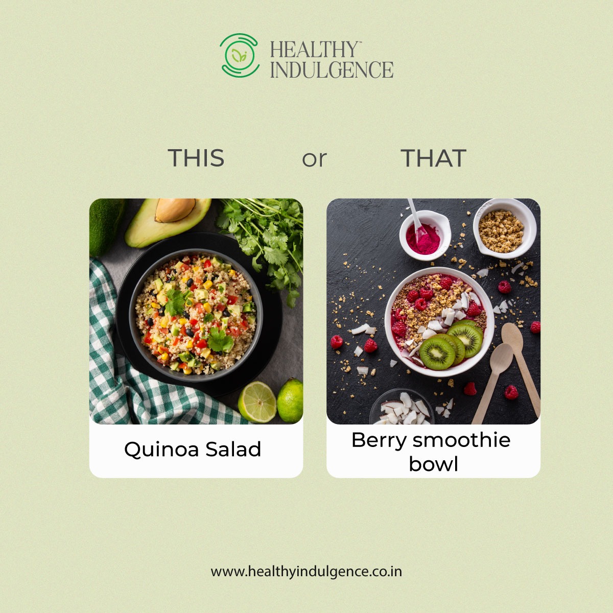 Can't decide between a refreshing Quinoa Salad or a delightful Berry Smoothie Bowl? We want to hear your thoughts!

#quinoasalad #berrysmoothiebowl #tastychoices #healthydelights #fooddecisions #healthyeating #nutritiousmeals #foodoptions #healthyindulgence #ahmedabad