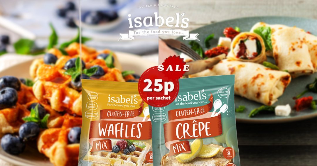 Gluten-Free Baking Sale! Don't miss out on great deals for our short-dated #glutenfree treats while supplies last. Last few cases available. Order now at isabelsfreefrom.co.uk/product.../glu… Gluten Free Crêpe Mix (100g), Gluten Free Waffles Mix (100g), Easy Pud Chocolate Dessert (115g)