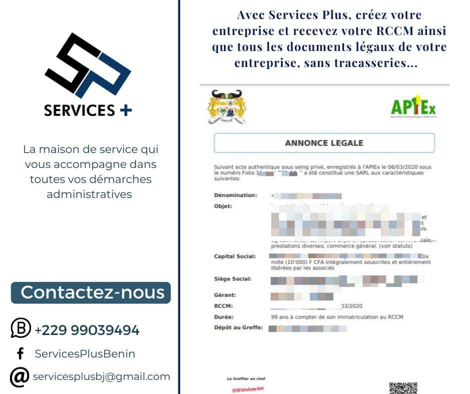 Avec #ServicesPlus, créez votre société ou votre établissement rapidement et en toute simplicité; et recevez tous les documents dont vous aurez besoin pour profiter de votre entreprise en toute légalité. 

☎️ +229 99039494
🎯 Immeuble Fantex (St Michel), 4ème étage