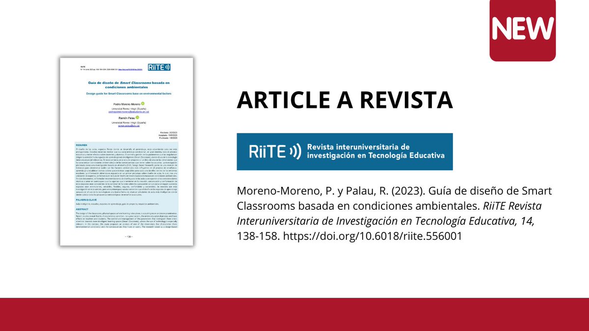 📢 Artículo disponible en la <a href="/RevistaRIITE/">RiiTE</a> 

"Guía de diseño de Smart Classrooms basada en condiciones ambientales" 
📎 ja.cat/LLo2a

👥Pedro Moreno-Moreno y Ramón Palau
#DesignGuide #SmartClassroom