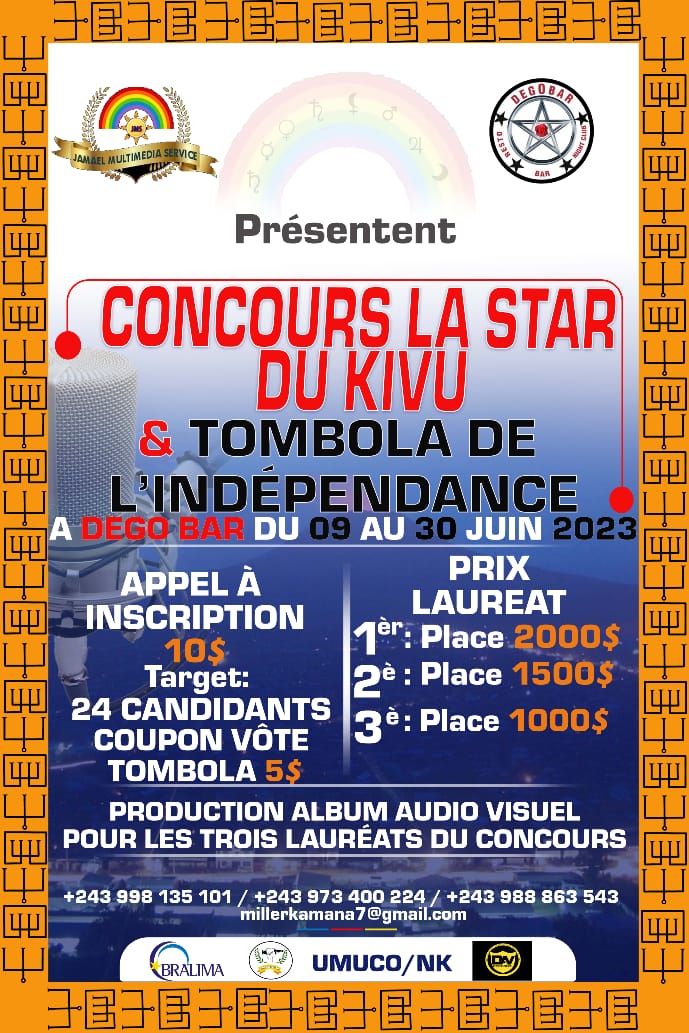 Greatdreamdrc's tweet photo. Chers artistes, ceci vous concerne !
CONCOURS LA STAR DU NORD-KIVU !
Pour célébrer l'indépendance dla RDC, 3 lauréats au concours seront primés avec production d'un album audiovisuel.
Faites votre inscription pour bénéficier de ces Prix !
#DEGOBAR
#UMUCO
#Fabba
@minculturap_rdc https://t.co/NfF0276QpS