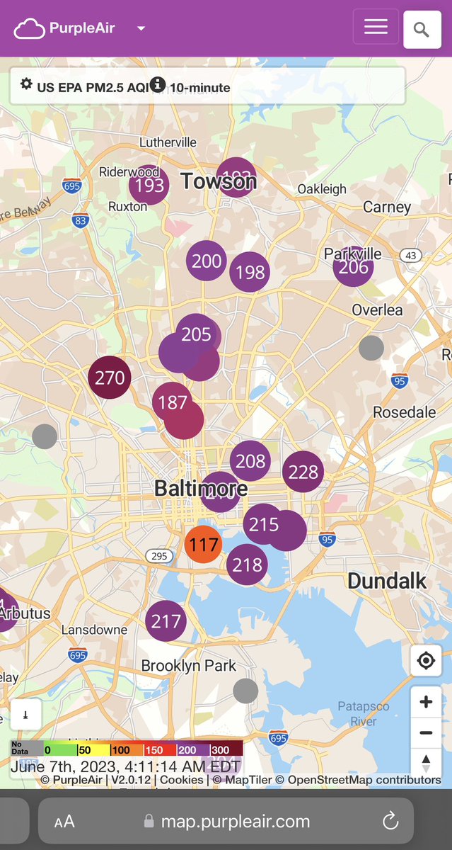 Baltimore, anything above 150 is really bad for your health. Stay indoors if you can. Use your N95s if you have to be outside.