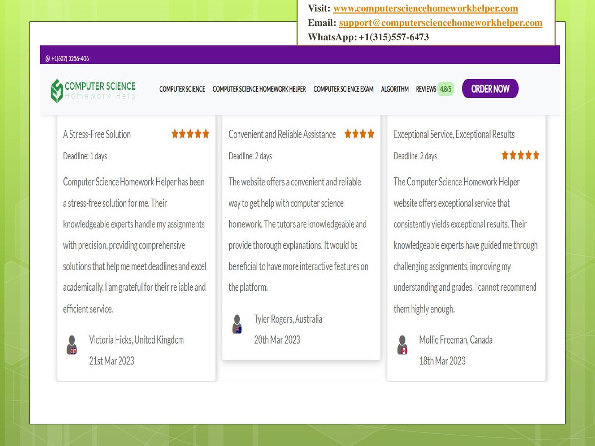 C_sciencehelp's tweet image. Discover real client reviews and feedback. Trust our verified testimonials for honest insights and choose our services with confidence.
Read More Reviews at bit.ly/463z6h9
Or You may Visit us at computersciencehomeworkhelper.com
#reviews #computersciencehomeworkhelp #university