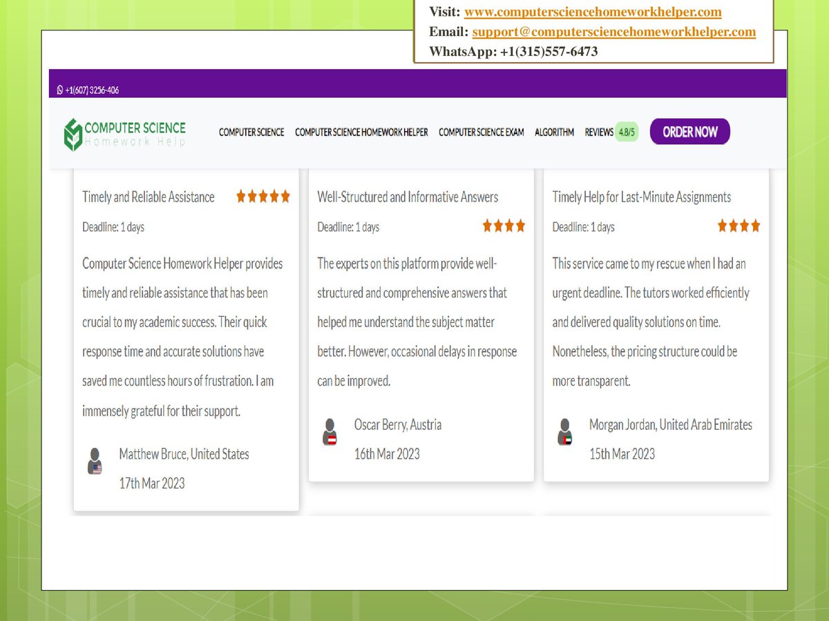 C_sciencehelp's tweet image. Discover real client reviews and feedback. Trust our verified testimonials for honest insights and choose our services with confidence.
Read More Reviews at bit.ly/463z6h9
Or You may Visit us at computersciencehomeworkhelper.com
#reviews #computersciencehomeworkhelp #university