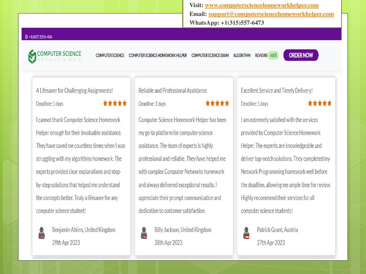 C_sciencehelp's tweet image. Discover real client reviews and feedback. Trust our verified testimonials for honest insights and choose our services with confidence.
Read More Reviews at bit.ly/463z6h9
Or You may Visit us at computersciencehomeworkhelper.com
#reviews #computersciencehomeworkhelp #university