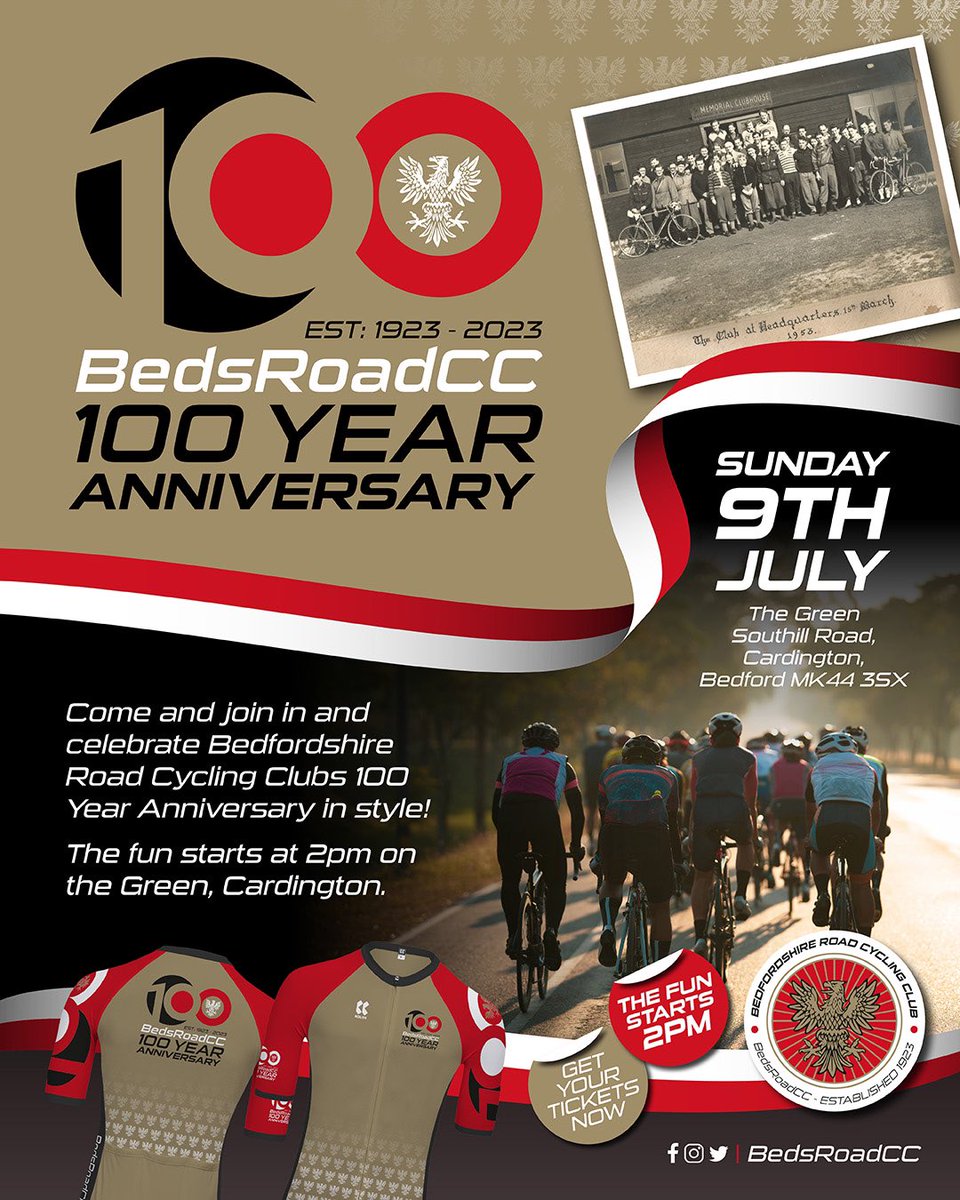 Sunday 9th July - Come & help celebrate Bedfordshire Road Cycling Clubs 100 Year Anniversary in style! Stalls, BBQ, Tea & Coffee, Cakes, Refreshments & more all starts at 2pm on the Green, Southill Road, Cardington MK44 3SX. Final ride timings will be shared closer to the time.